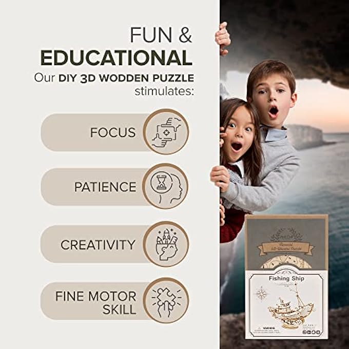 3D WOODEN PUZZLE | DIY MODEL KIT | CRAFT KIT BRAIN TEASER | CLASSIC, FISHING SHIP (TG308) - Image 3